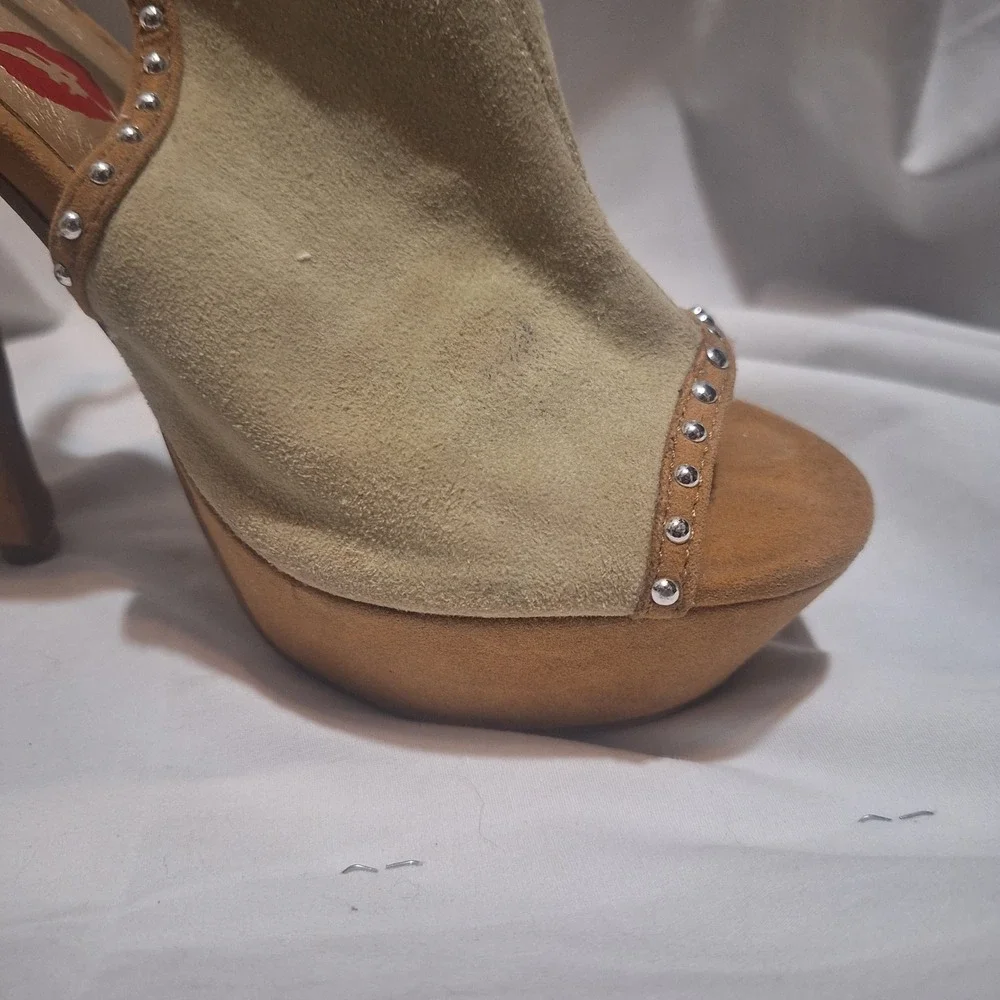 Promise Tan Suede Studded Platform Slingback Stiletto Heels Peep Toe Sandals 5.5